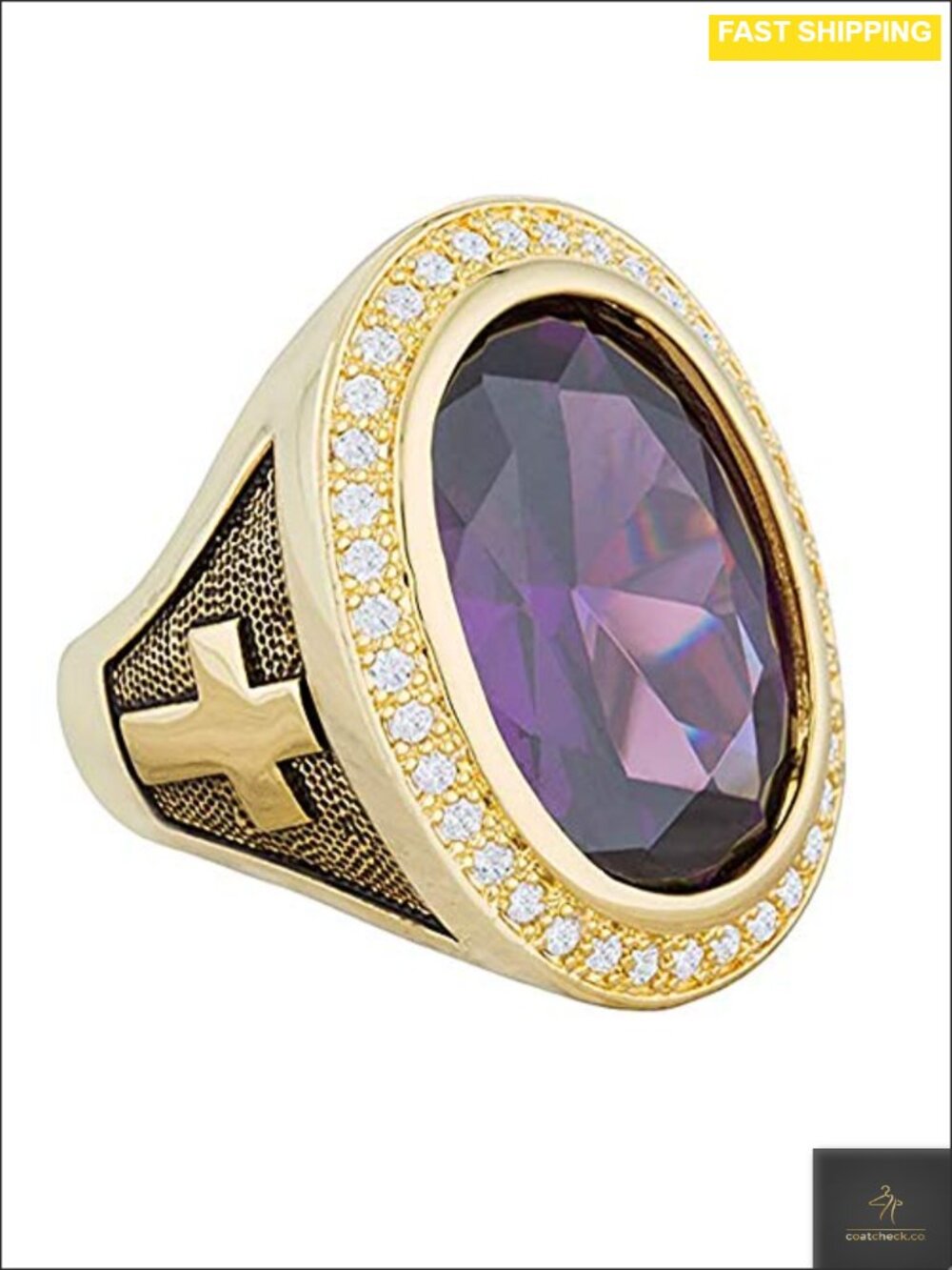 14k Gold Plated Bishop Cross Ring Amethyst CZ Episcopal Ring